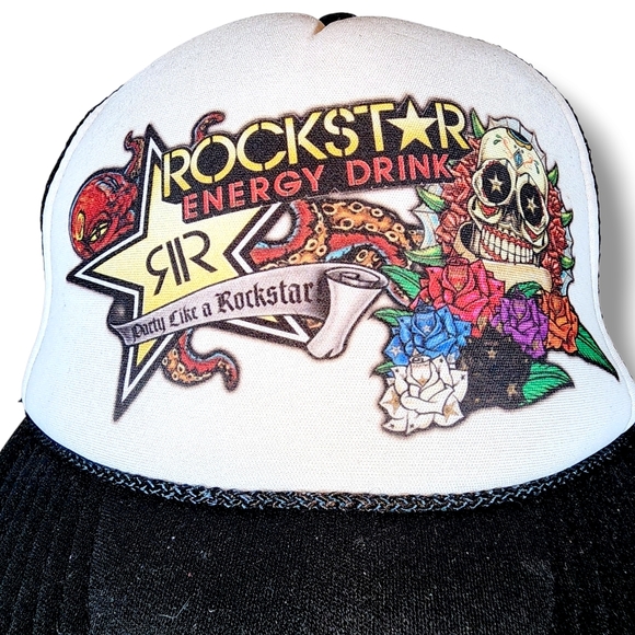 ROCKSTAR NISSUN BLACK & WHITE SNAPBACK TRUCKER CAP WITH SKULL & ROSES 1 SIZE - Picture 4 of 9